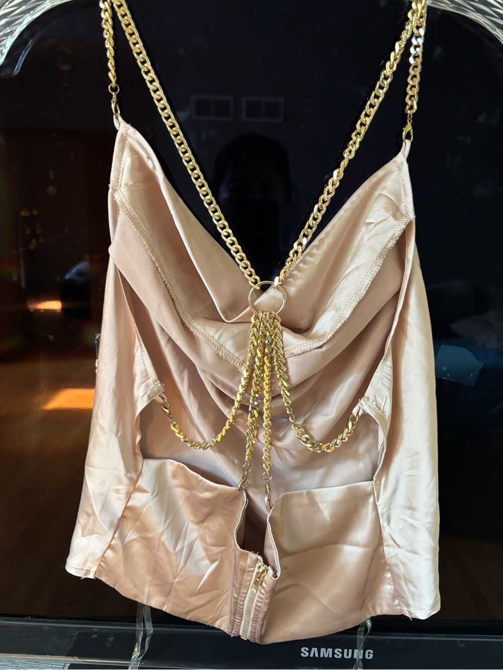 AKIRA Champagne Satin Top with Gold Chain Detail - Picture 7 of 8